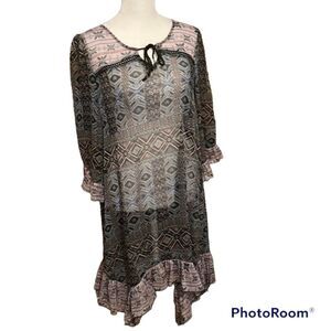 Sun & Shadow sz S black & blue print ruffled hem & sleeves swimsuit coverup GUC